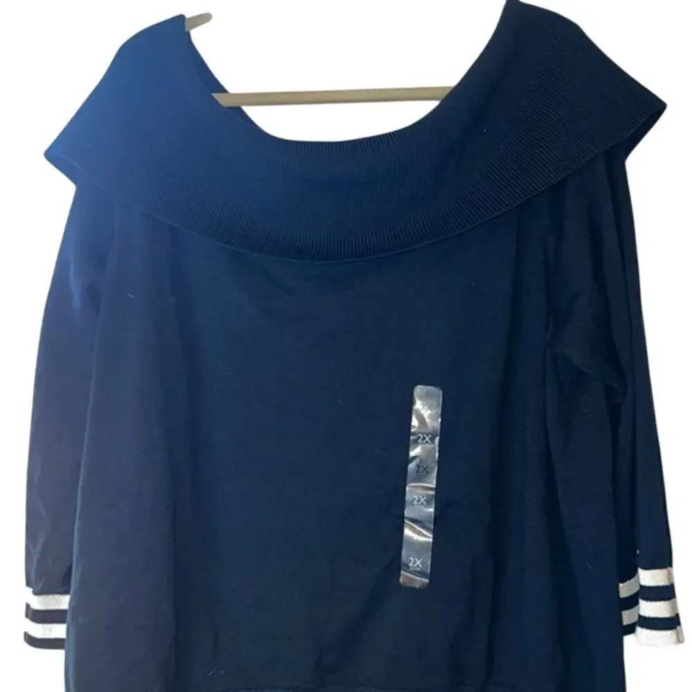 Tommy Hilfiger Women's Navy Blue & White Off-the-Shoulder Cowl Neck Sweater, 2X